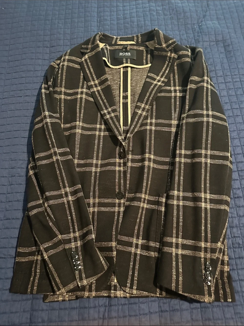 BOSS (Hugo Boss) Black Blazer with Cream Windowpane Check, Slim Fit, 42R